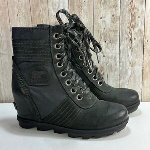 Sorel Lexie Boots Womens 7 Black Lace Up Hidden Wedge Casual Comfort Leather